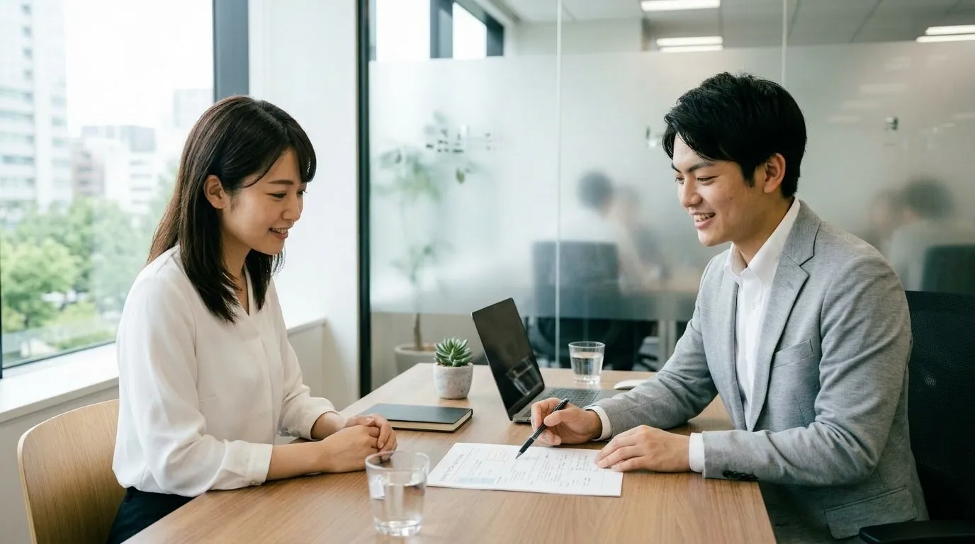 ピボリージョブ：新しい職場での握手・転職成功シーン